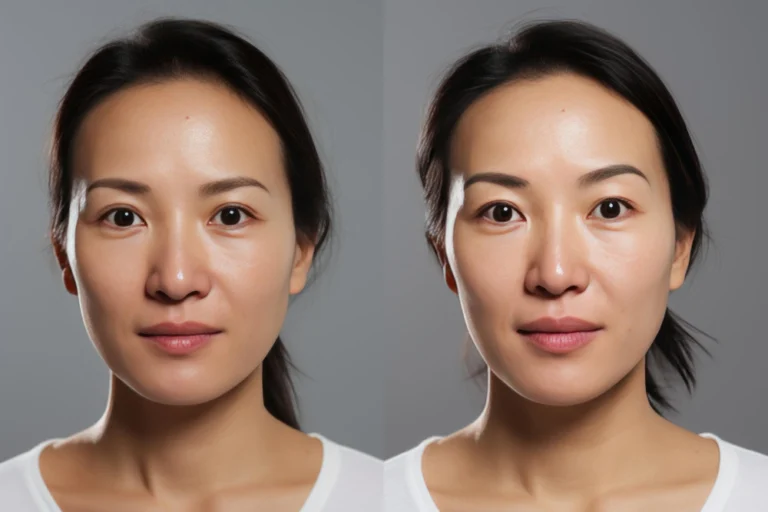 Antes e depois do preenchimento facial no sulco nasolabial, mostrando a suavização de linhas