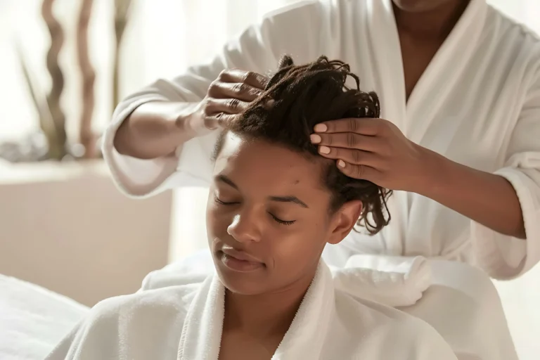 Profissional realizando massagem capilar na Clínica Essencial Estética, promovendo relaxamento e fortalecimento dos cabelos
