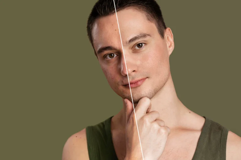 Antes e depois do microagulhamento na Clínica Essencial Estética, mostrando a redução de cicatrizes e a renovação da pele