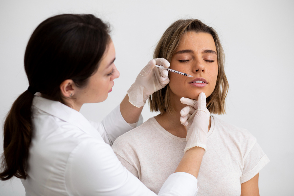 Profissional aplicando preenchimento em paciente durante harmonização facial.