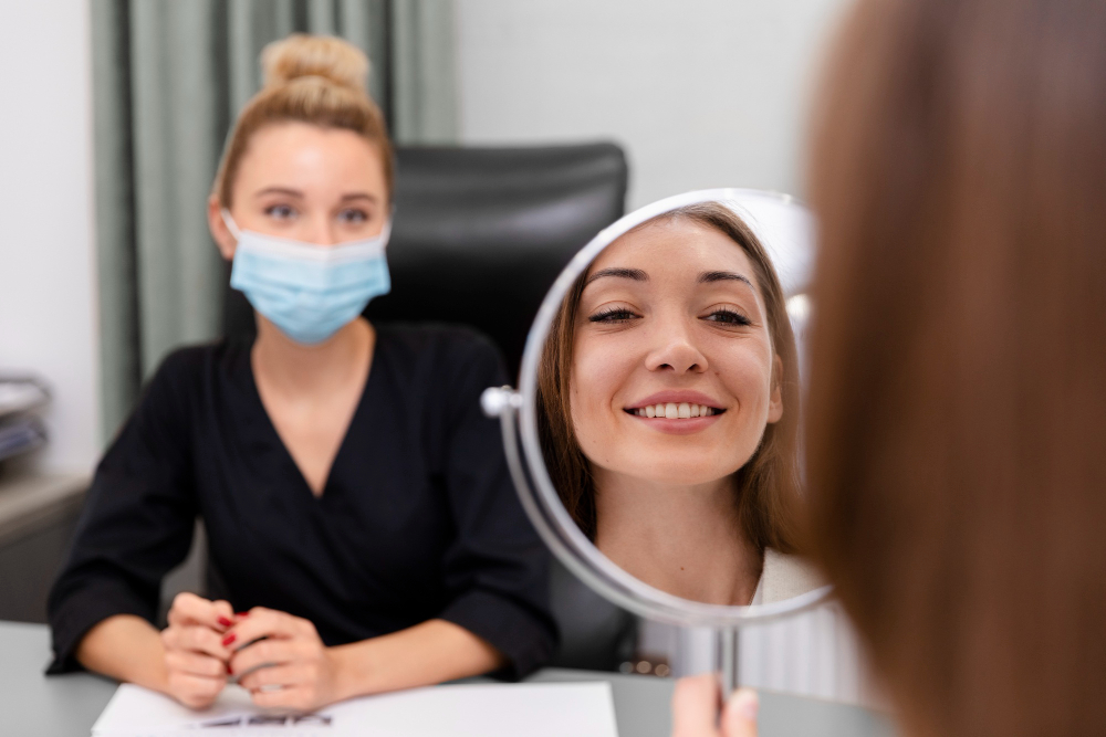 Profissional explicando cuidados pós-tratamento na Clínica Essencial Estética.